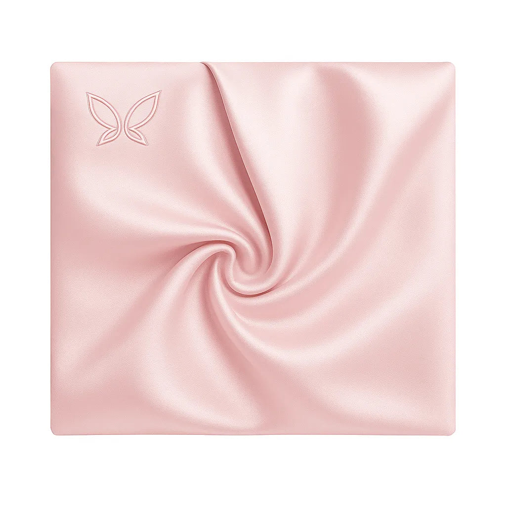 Pink satin square with a brand logo on a white background
blush pink