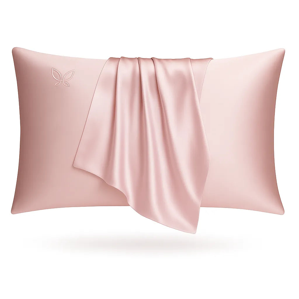 Pink silk pillowcase with a subtle butterfly design on a white background
#color_blush pink