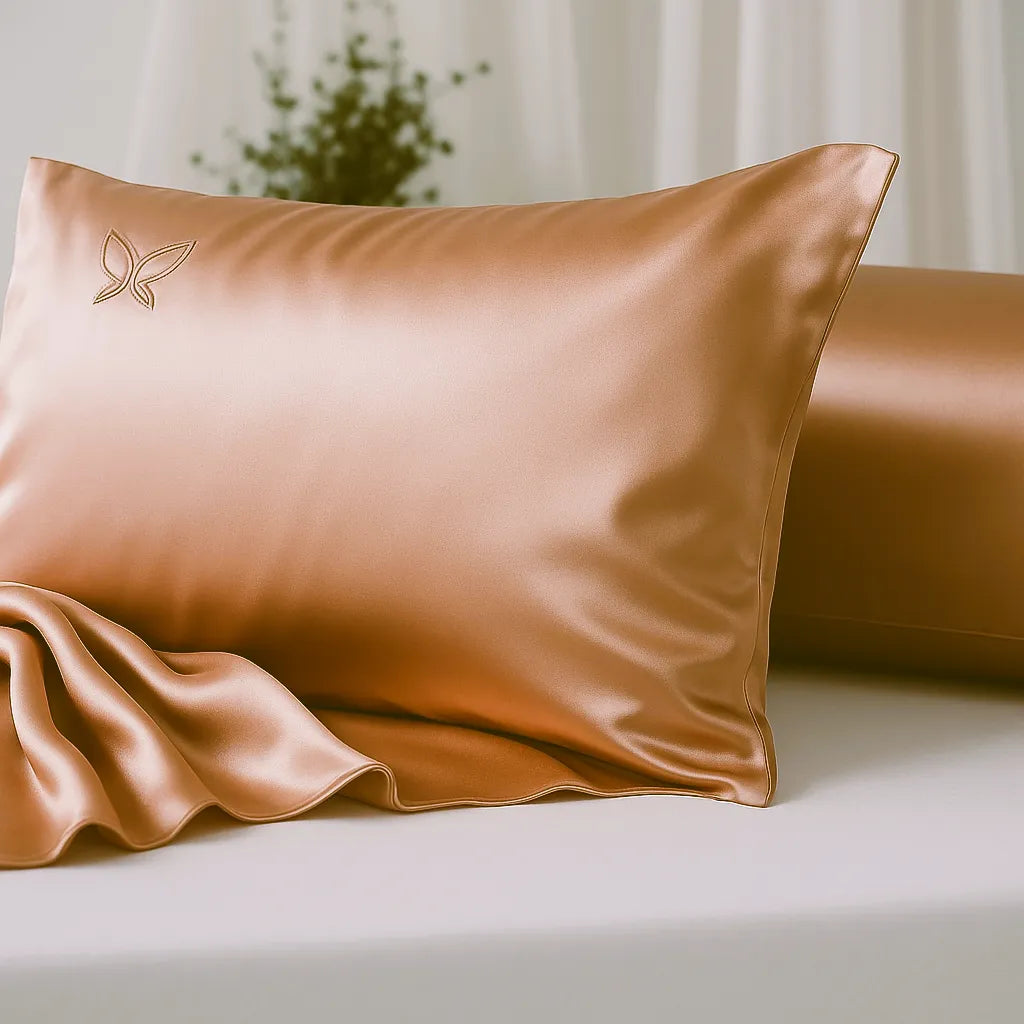 Silky pillowcase with a butterfly logo on a neutral background
champagne rose