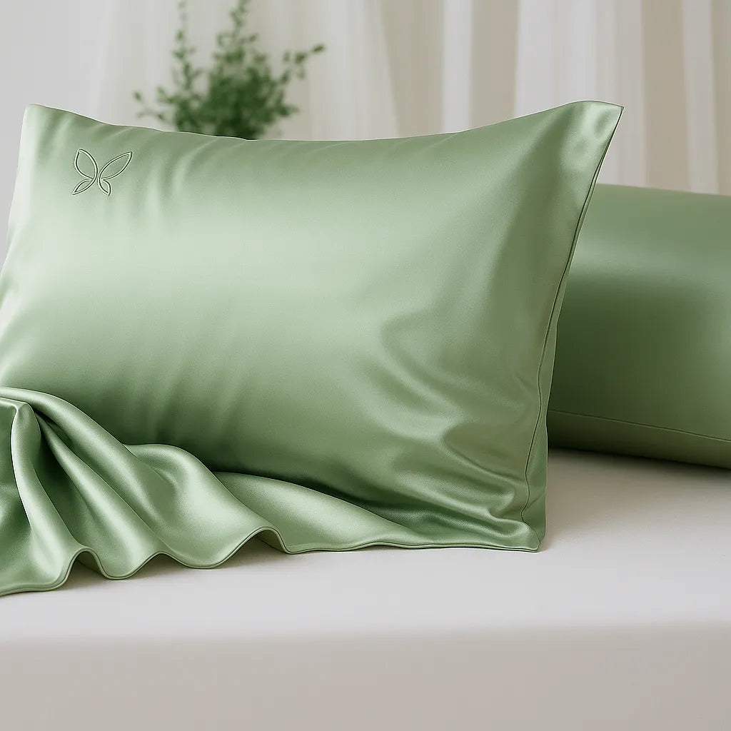 Green silk pillowcase on a light surface with a neutral background
#color_fresh sage