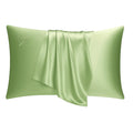 Green silk pillowcase with a logo on a white background
#color_fresh sage