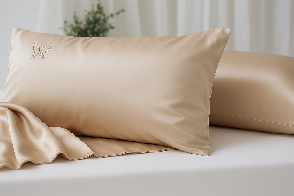 Beige satin pillowcases on a bed with a neutral background
golden sand