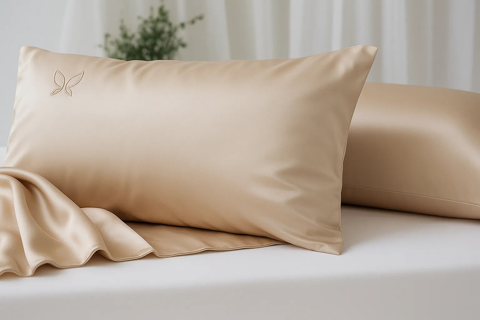 Beige satin pillowcases on a bed with a neutral background
golden sand