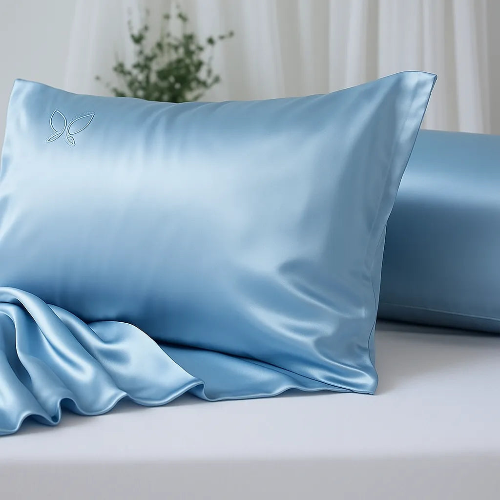 Blue satin pillowcase on a bed with a light background
sea foam blue