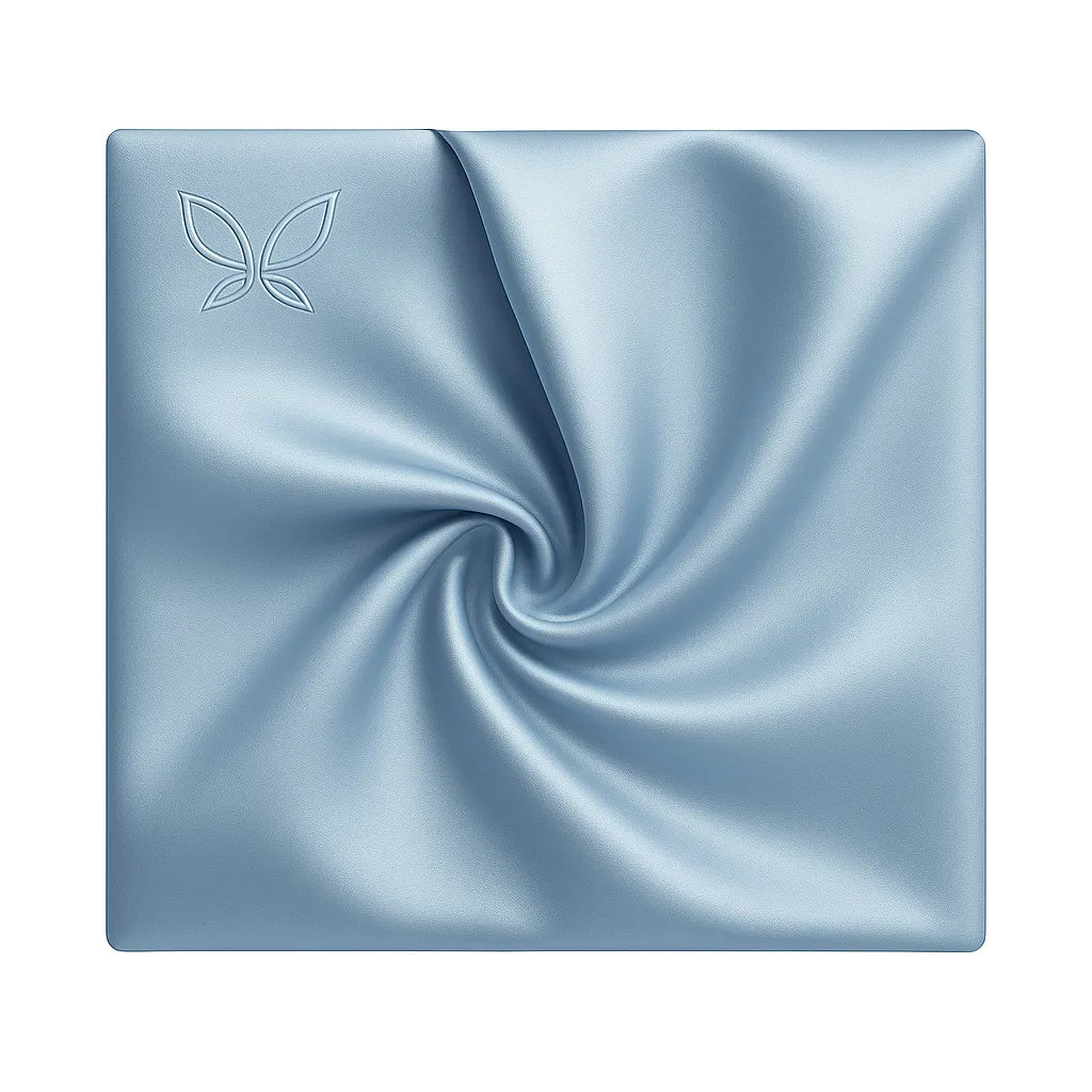 Blue satin square with a brand logo on a white background
sea foam blue