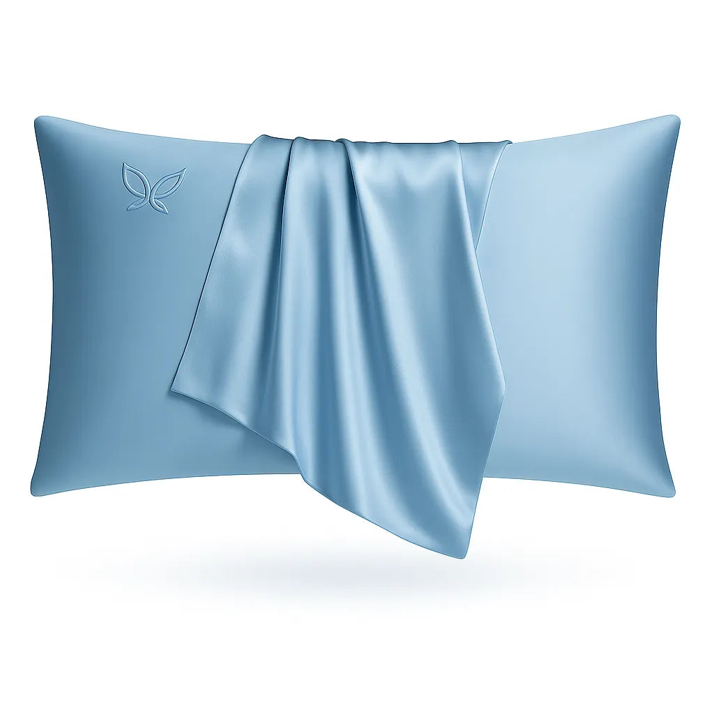 Blue satin pillow with a subtle logo on a white background
sea foam blue